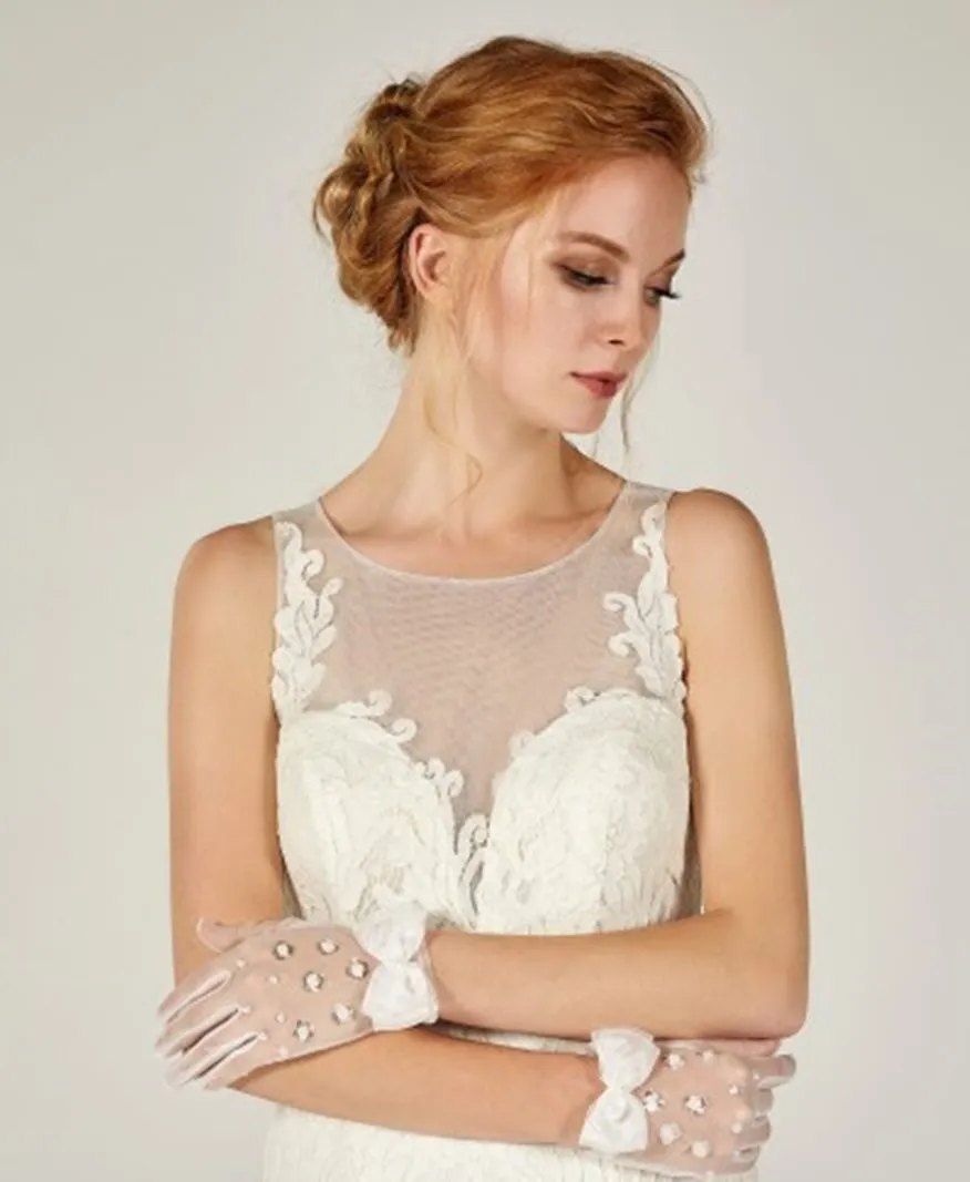 ---Guanti sposa tulle corti con pietre lucenti online economici--