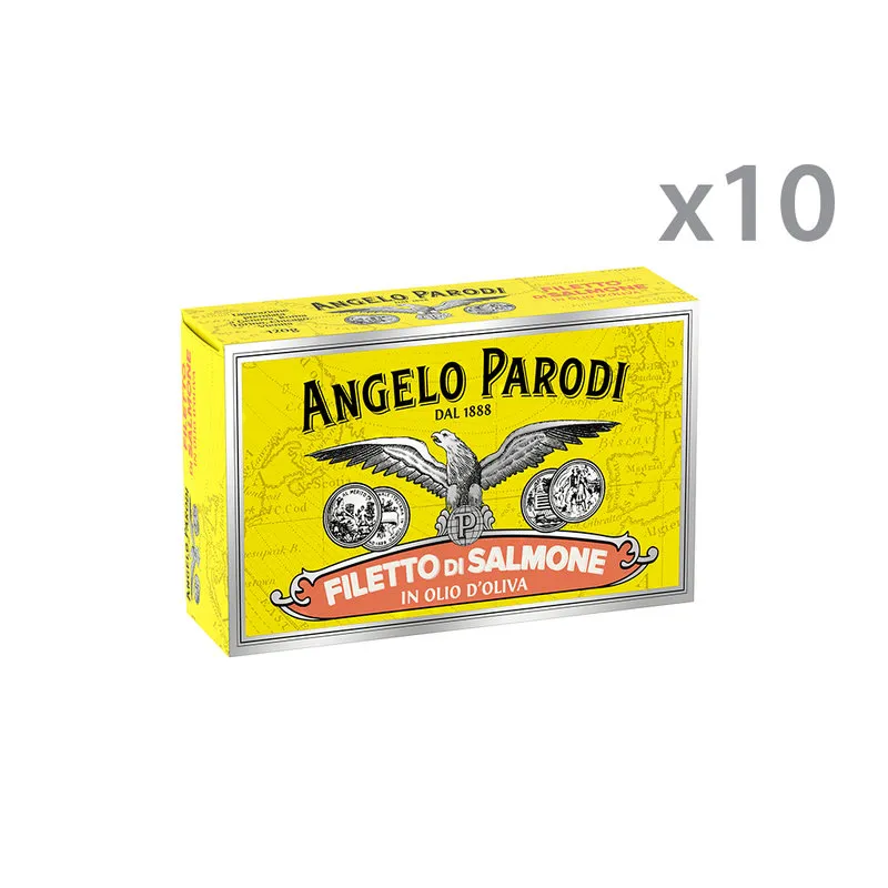 Angelo Parodi 10 scatole - Filetti di Salmone in Olio d'Oliva 120 gr