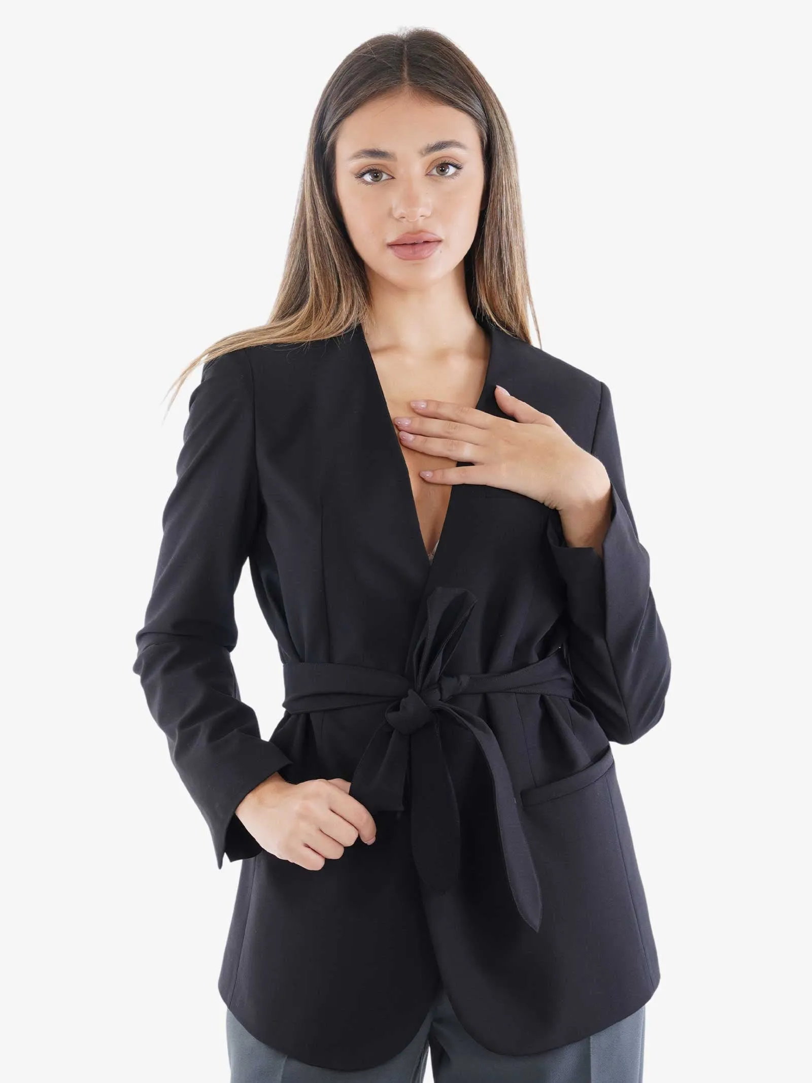 Blazer in misto lana donna con cintura nero