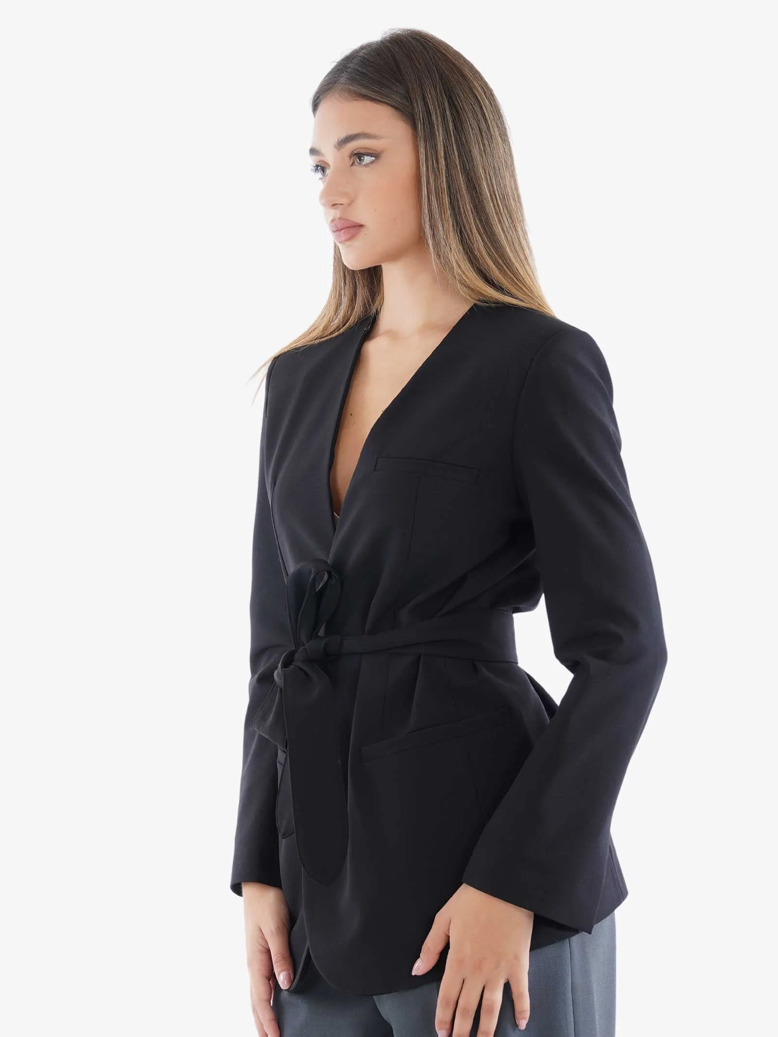 Blazer in misto lana donna con cintura nero