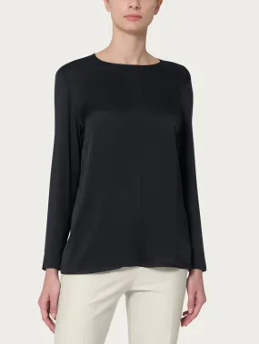 Blusa girocollo in misto viscosa - Nero