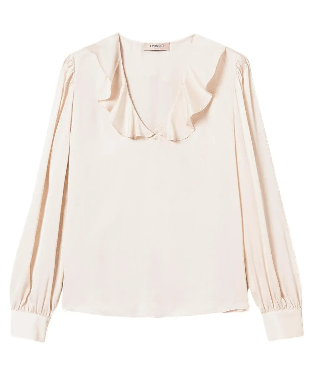 Blusa in Raso con Volant e Scollatura a V