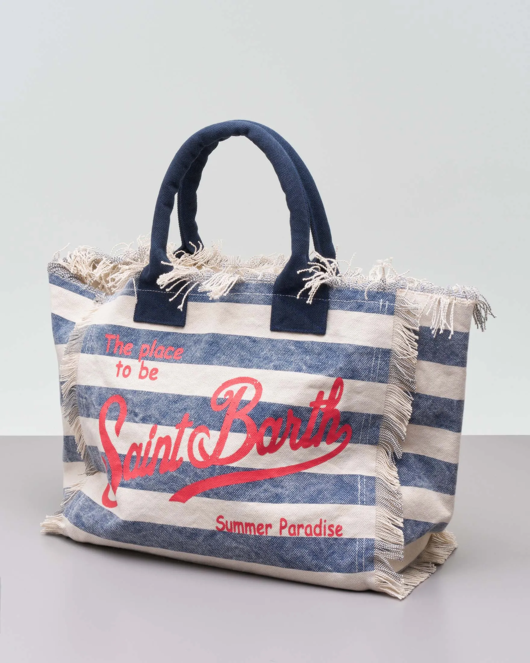 Borsa in canvas di cotone a righe avorio e blu con scritta logo rossa e manici blu