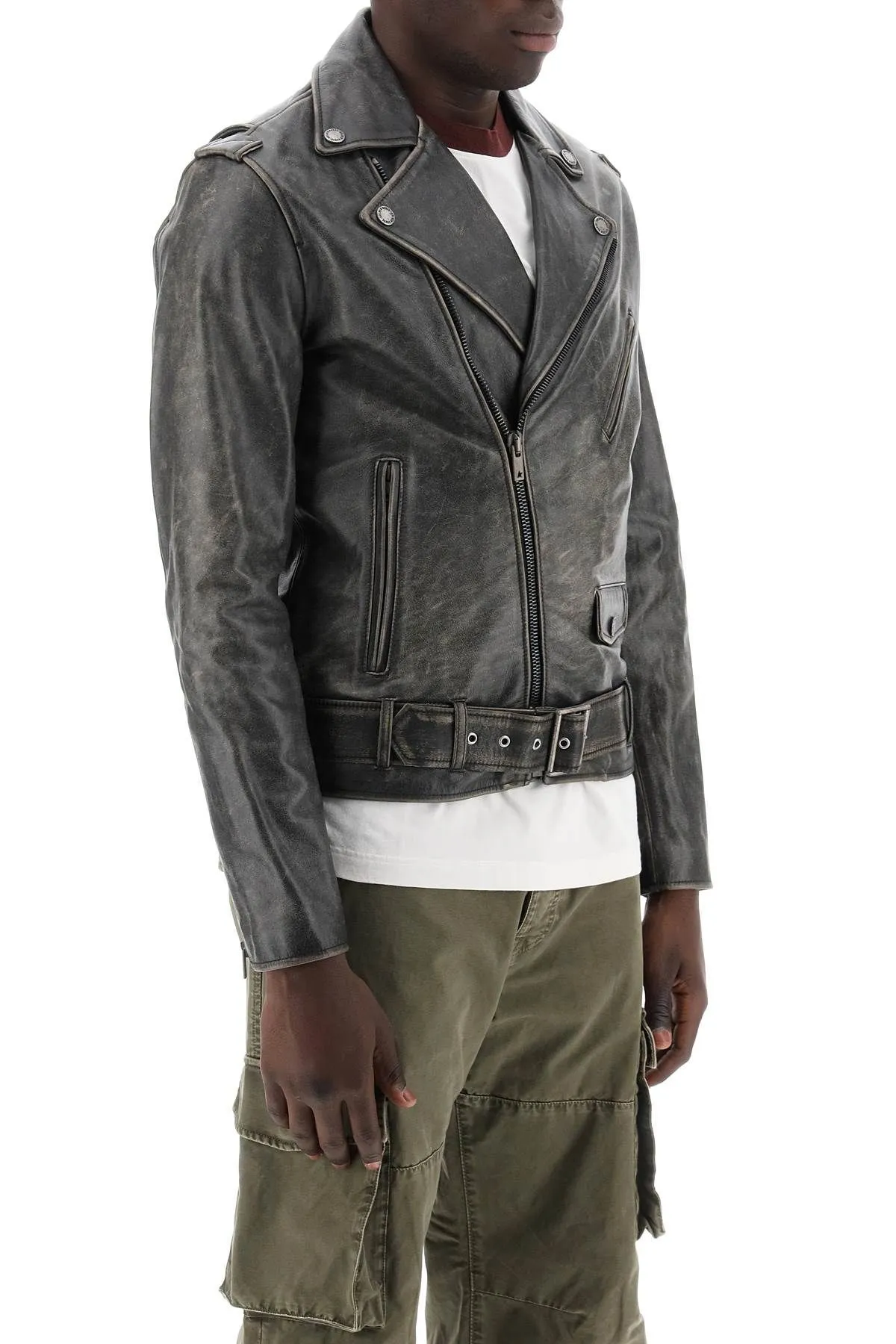 Giacca biker in pelle effetto vintage