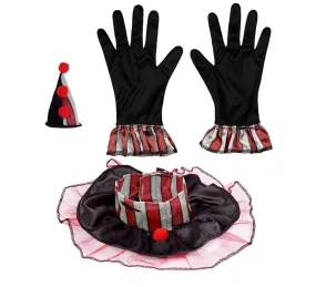 Kit da clown: mini cappello, guanti e gorgiera