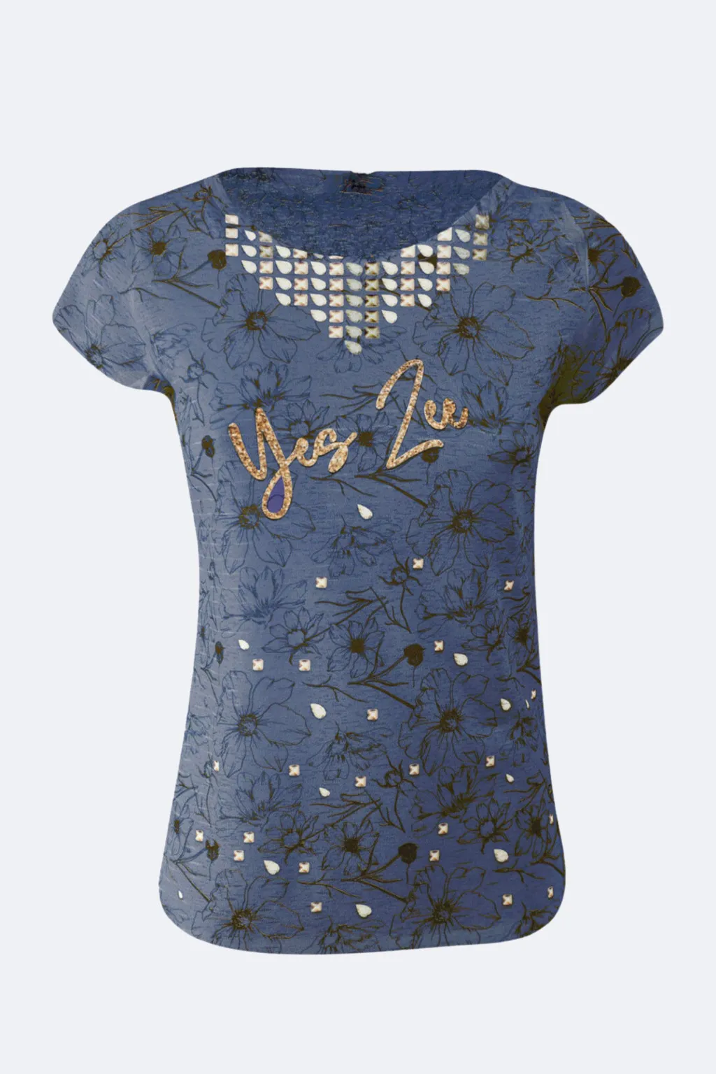 YES-ZEE T-SHIRT BLU DONNA GIROCOLLO T236-Y306